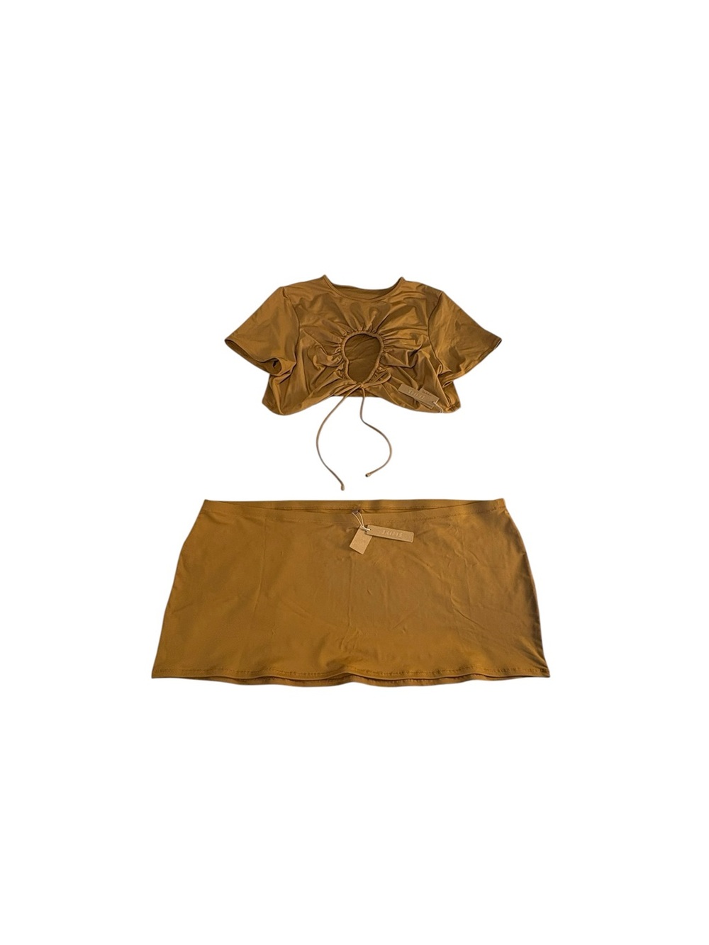 SKIMS Swim Almond Ruched T-Shirt Micro Mini Skirt Set 4X Cutout Plus Size